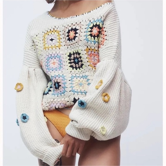 Free people Ambrose crochet sweater pullover granny square dropped sleeve - Picture 3 of 8